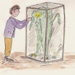 Splidge pokes the glass cabinett - is it alive? he wonders.s